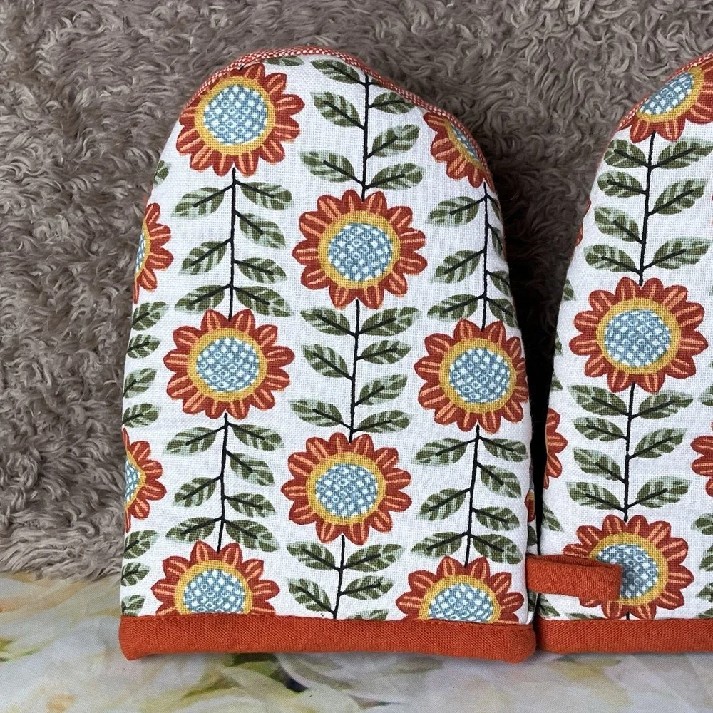 Kay Dee Grabber Oven Mitt Set Autumn In Bloom Sunflowers Pattern Orange Gloves